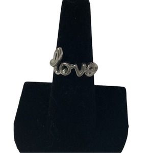 Silvertone Cursive Love Ring with Clear Crystal Size 6 3/4 Unsigned